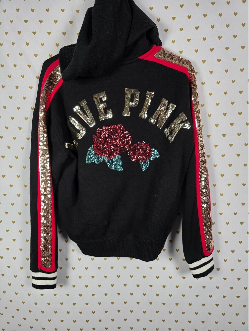 Victoria's Secret PINK Sequin Rose Hoodie Black Gold Stripe Pullover XS